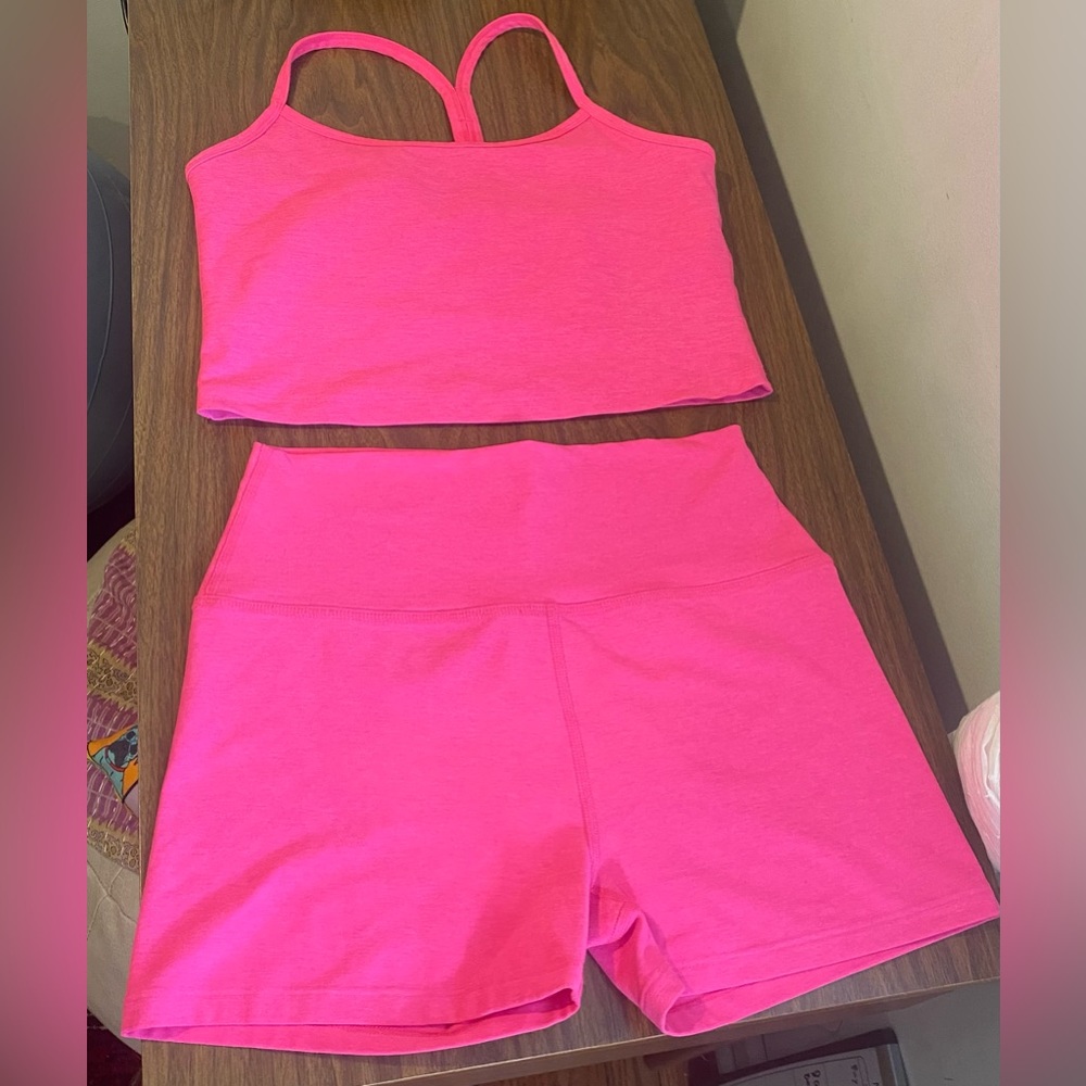 Beyond Yoga Electric Pink tank and short set